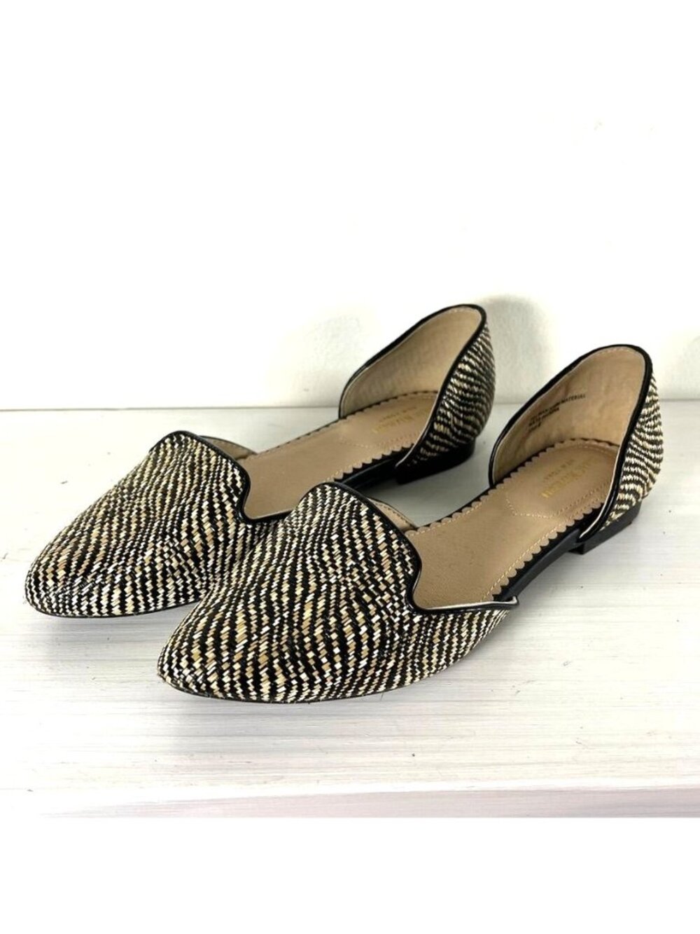 Isaac Mizrahi Woven Raffia Look D'Orsay Flats Pointed Toe Tan Black Sz 8 Office - Picture 3 of 10